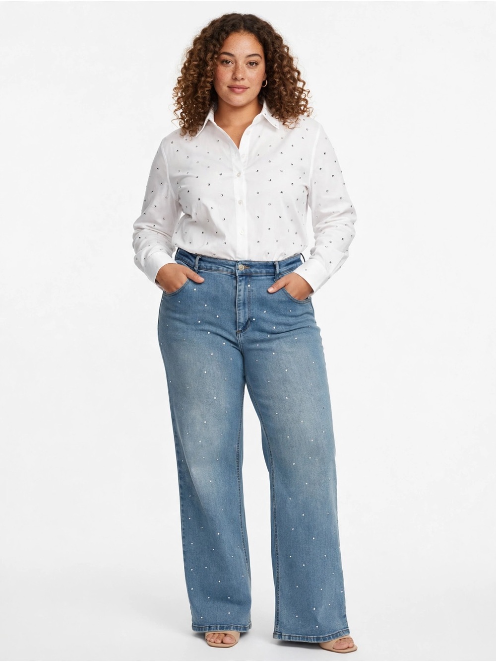 wide leg rhinestone jeans L light wash